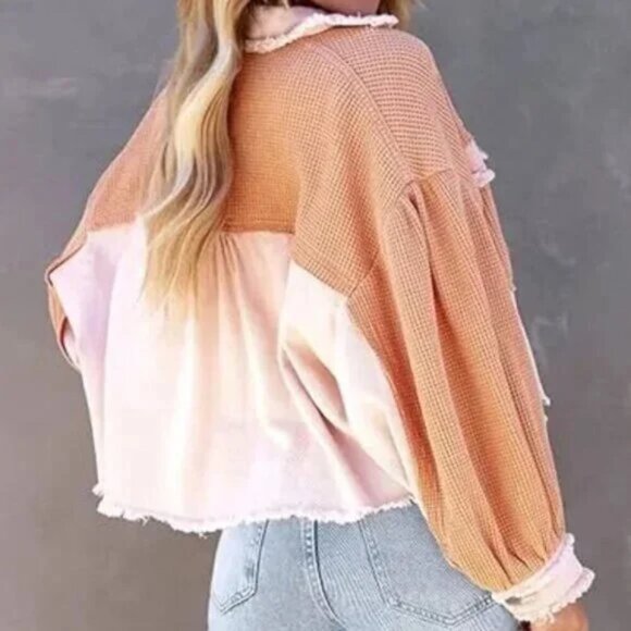 Waffle Knit Patchwork Button Down Light Jacket Sweater Pink/Cream - Picture 4 of 4